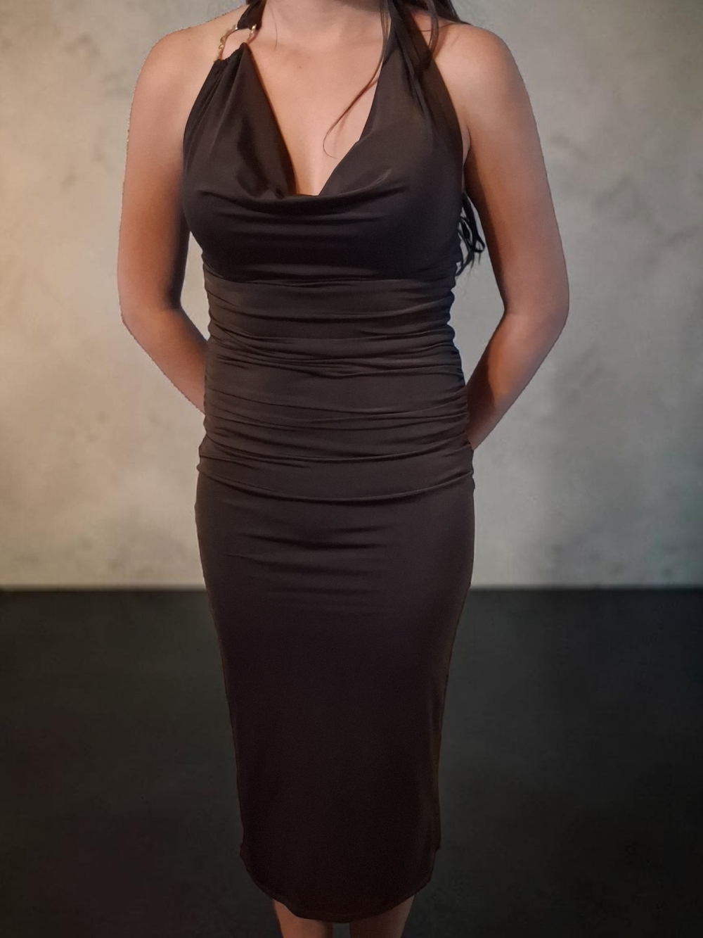 Women’s Brown Halter Ruched Midi Dress